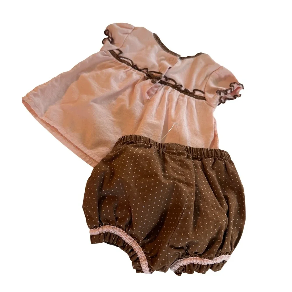 VTG Gymboree Baby Girl Pink Brown Dachshund Dog Polka Dot Bloomer Set 0-3 Months